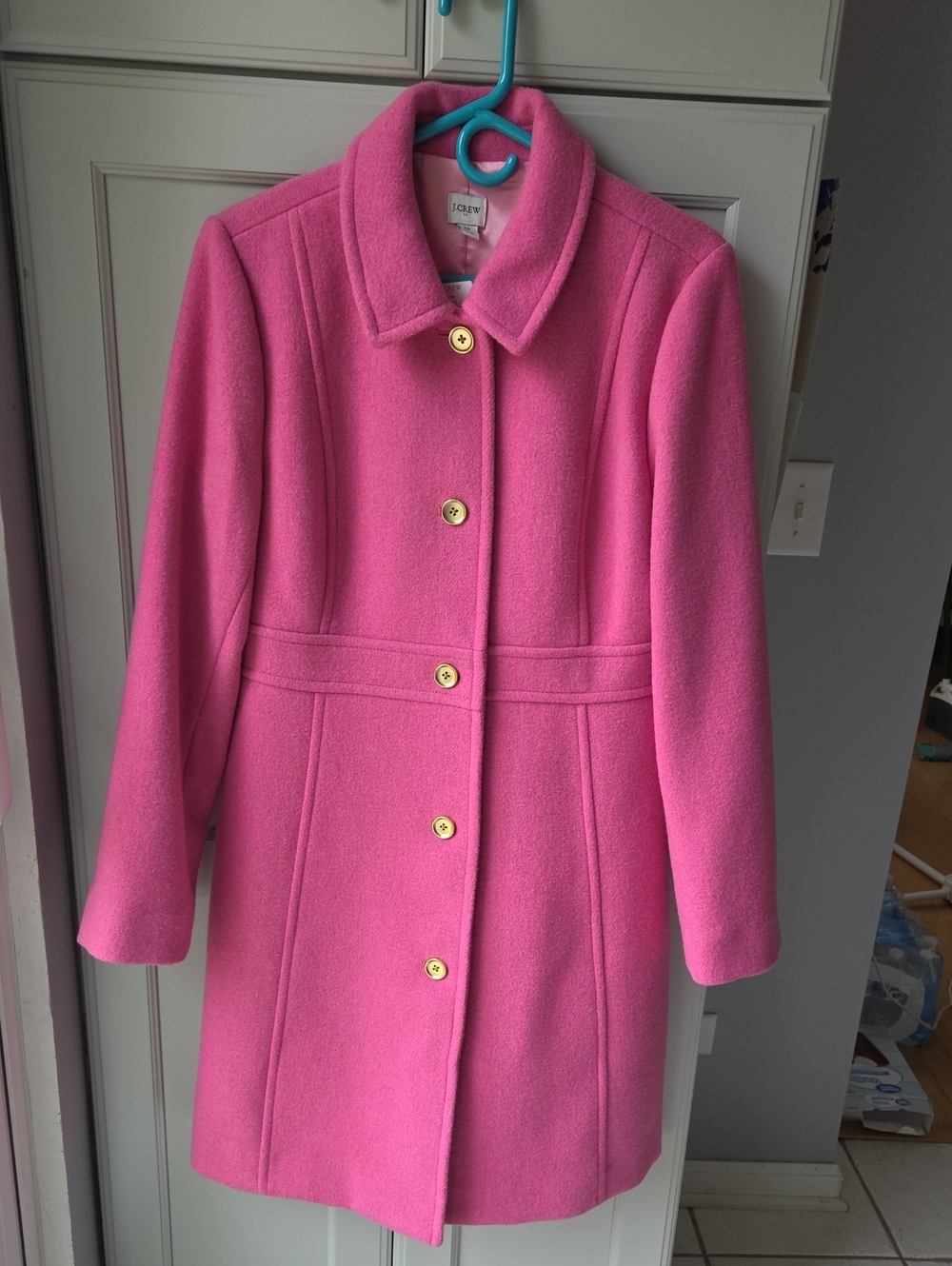 J. Crew Bright Pink Wool Single-Breasted Pea Coat with Gold Buttons